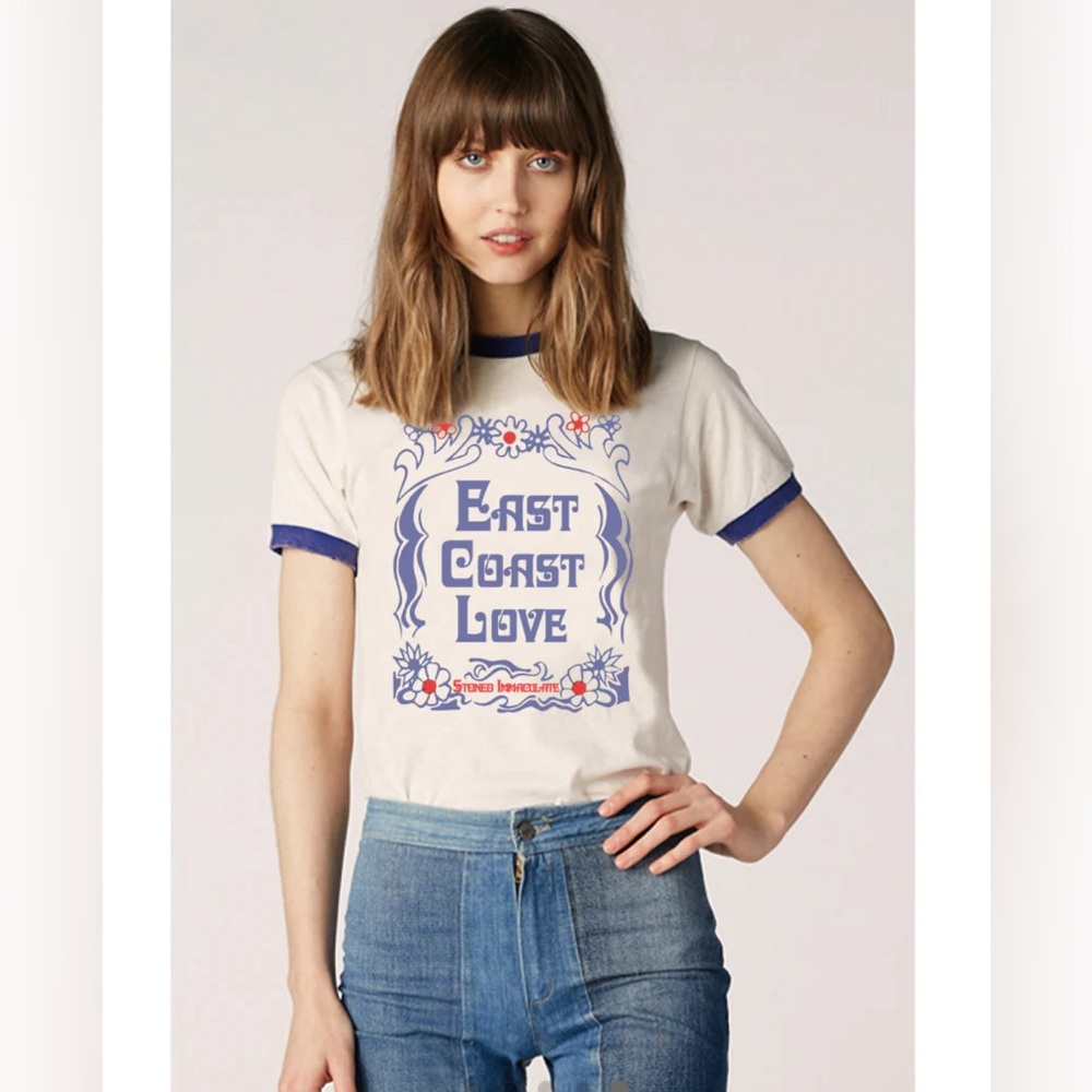 Stoned Immaculate East Coast Love Ringer Cream and Blue Graphic Tee - Picture 2 of 5